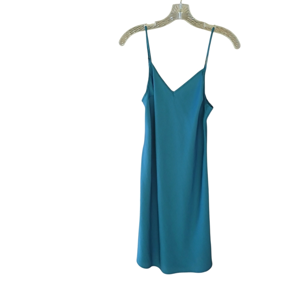 Maje Teal Blue V Neck Knee Length Polyester Satin Slip Dress Size 2